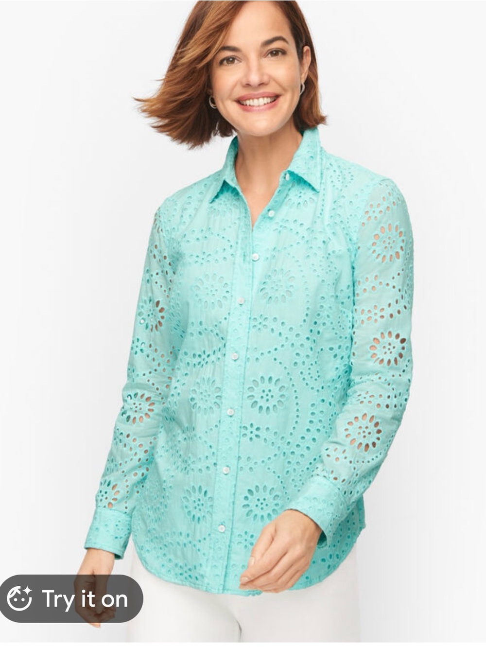 Talbots Cotton Button-Front Shirt Swirling Eyelet in Aqua